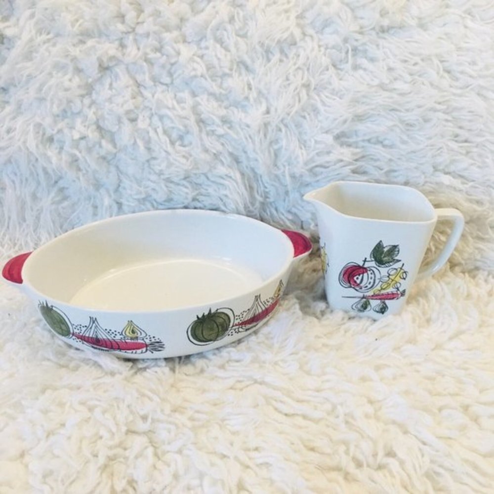 LOT OF 2 RORSTRAND Vintage MCM Swedish Verdura #4 Oval Dish & Creamer Cup #24